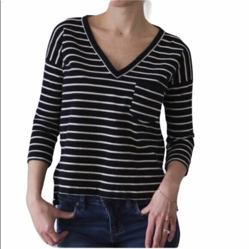 Madewell Dark Navy and White Striped Zipper Hem 3/4 Sleeve Shirt Sz S